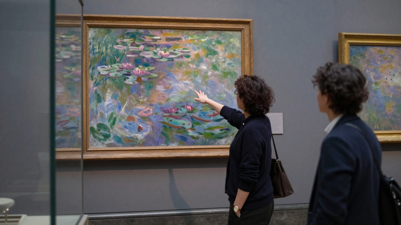 A companion points to a Monet painting in the Musée d’Orsay as a visitor listens intently in soft museum light.