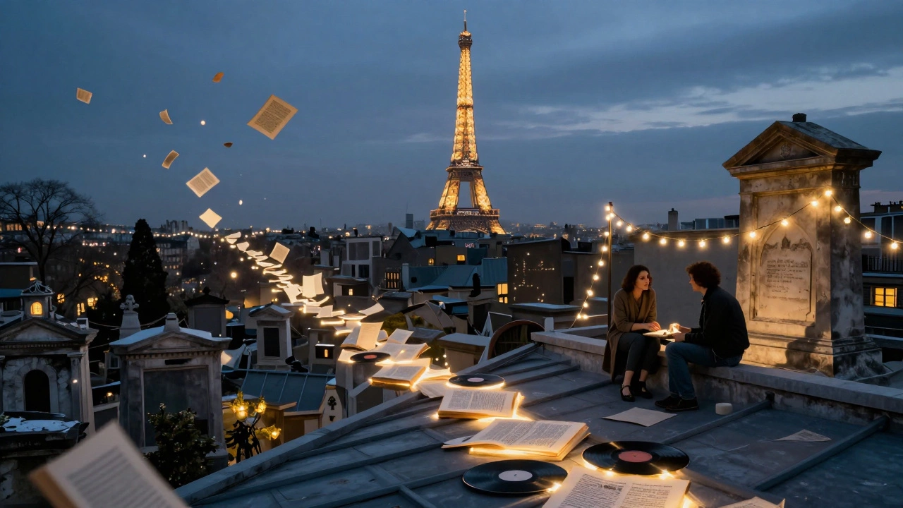 A surreal path of floating books and records leads from a cemetery to a rooftop where two figures talk under city lights.